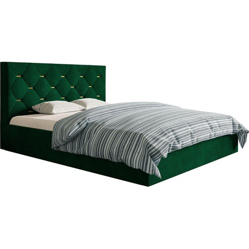 Polsterbett 140x200 Balma - Doppelbett mit Samtstoff - Bettkasten & Lattenrost - goldene Accessoires an der Kopfstütze (Grün - Kronos 19)