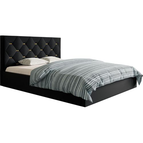 Polsterbett 140x200 Balma - Doppelbett mit Samtstoff - Bettkasten & Metall Lattenrost - goldene Accessoires an der Kopfstütze (Schwarz - Jasmine 100)