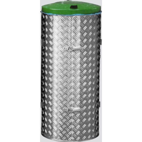 Kompakter Abfallsammler mit Türe | 120 Liter, HxBxT 99x43,5x43,5cm | Edelstahl | Alu-Duett-Blech | Deckel grün