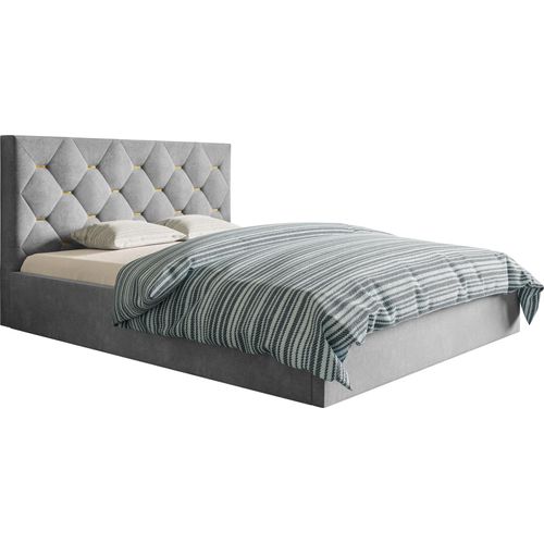 Polsterbett 140x200 Balma - Doppelbett mit Samtstoff - Bettkasten & Metall Lattenrost - goldene Accessoires an der Kopfstütze (Grau - Jasmine 90)