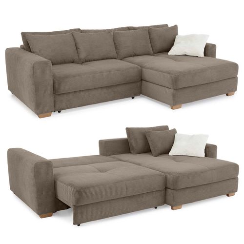 ECKSOFA-DAUERSCHLÄFER Federkern Couch seitenverkehrt Bettkasten Cord Braun Taupe / 15155