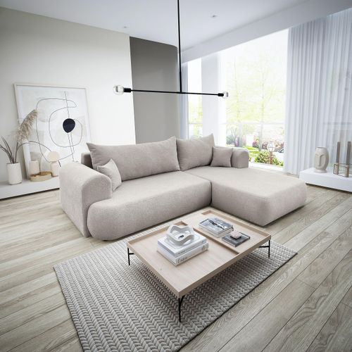 3 Sitzer Ecksofa ANTONIO BARON - 260x173x78cm, Ottomane rechts/links, Schlaffunktion & Bettkasten - Eckarniutur in Bouclé-Stoff - Beige