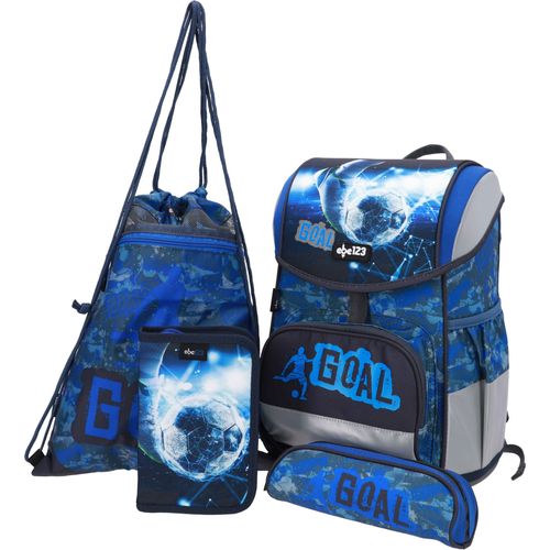 SCOOLSTAR Fußball Schulranzen, Tornister Junge 1 Klasse Schulrucksack Schultasche | FIDLOCK | SET4 tlg. | inkl. Federmäppchen, Sportbeutel, Stiftetui