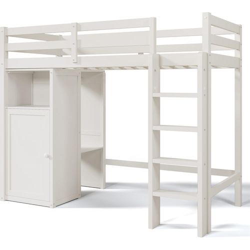 Kinderbett Hochbett mit Kleiderschrank und Regalen Kinderbett mit Lattenrost und Rausfallschutz Einzelbett Liegefläche -108x206x150cm(BxLxH)