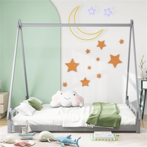 Babybett Massivholz Kinderbett 140*200cm, Zeltbett, Hochbett, Jugendbett, Eltern-Kind-Bett, Massivholzbettgestell, Grau