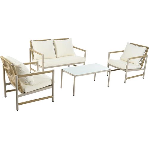 Gartenlounge-Set, Gartenmöbel-Set mit verzinktem Stahlgestell 1Sofa, 2 Einzelstühle, 1Tisch)Glastischplatte,PE-Rattan,inklusive Kissen