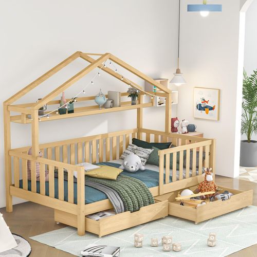 Kinderbett Hausbett 90x200 cm (Ohne Matratze) Kinder Jugendzimmer Kinderbett Schubladen Massivholz Lattenrost Kiefernholz Hausbett Holzfarbe