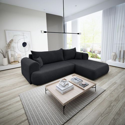 3 Sitzer Ecksofa ANTONIO BARON - 260x173x78cm, Ottomane rechts/links, Schlaffunktion & Bettkasten - Eckarniutur in Bouclé-Stoff - Schwarz