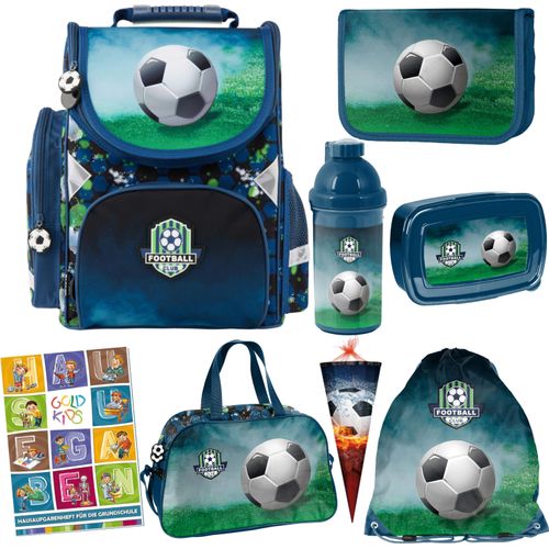 Schulranzen für Jungen - Schul-Rucksack für Kinder mit Federmäppchen - Schuhbeutel und Hausaufgabenheft - Fußball Motiv