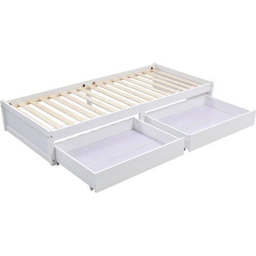 Kinderbett, Massivholzbett mit 2 Schubkästen und Lattenrost Modernes Einzelbett Holzbett (Weiß, Grau)