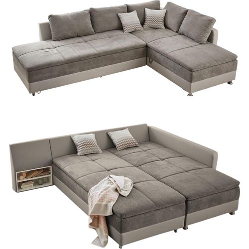 ECKSOFA-DAUERSCHLÄFER Doppelbett Federkern Bettkasten Couch in Grau Braun Beige / 15101