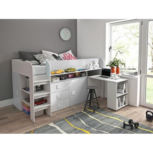 Kinderbett, Hochbett, T1, mit Treppe, Schubladen und Schreibtisch. Farbe Weiß