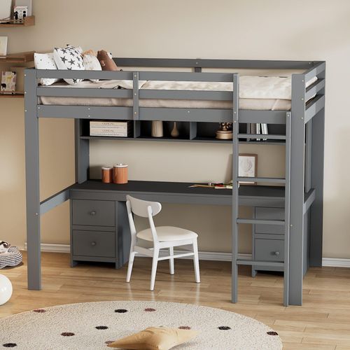 Hochbett 90x200 cm Kinderbetten (Ohne Matratze) oben Tisch unten Großer Stauraum Hohes Geländer Stabile Treppe Grau