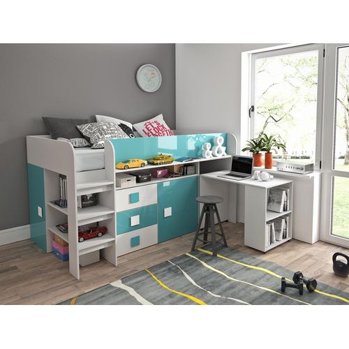 Kinderbett, Hochbett, T1, mit Treppe, Schubladen und Schreibtisch. Farbe Weiß/Türkis