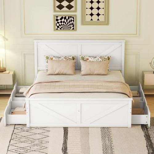 Jugendbett 160x200 cm Lagerung (Ohne Matratze) Holzbett Einfaches Holzpritsche Bett mit vier Schubladen Weiß
