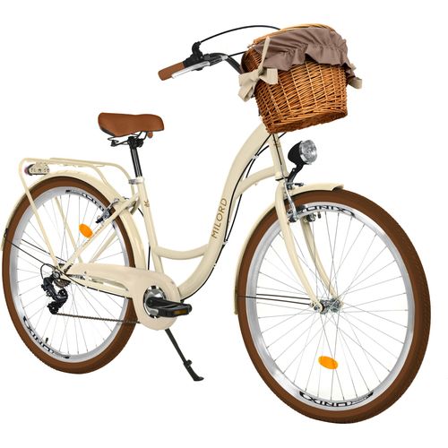 Milord Komfort Fahrrad Mit Weidenkorb Damenfahrrad, 28 Zoll, Beige-Braun, 7 Gang Shimano