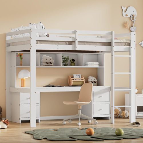 Hochbett 90x200 cm Kinderbetten (Ohne Matratze) oben Tisch unten Großer Stauraum Hohes Geländer Stabile Treppe Weiß