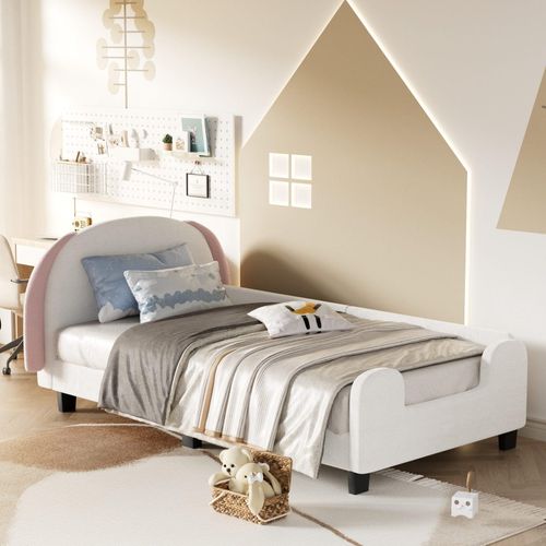 Kinderbett 90x200 cm (Ohne Matratze) Lattenrost Kopfteil Kinderbett Hasenform einfacher Aufbau Kopfteilhöhe nicht verstellbar Sherpa Weiß+Rosa