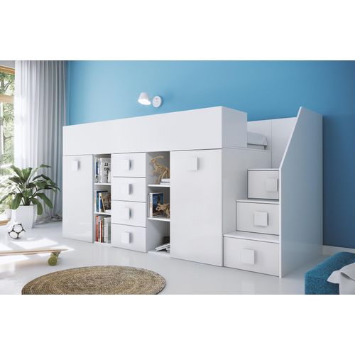 Kinderbett Hochbett T-3P, mit Schreibtisch, Schrank und Schubladen. Farbe Weiß