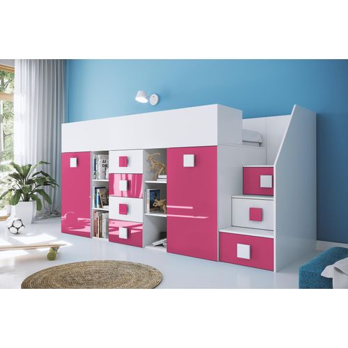 Kinderbett Hochbett T-3P, mit Schreibtisch, Schrank und Schubladen. Farbe Weiß/Rosa