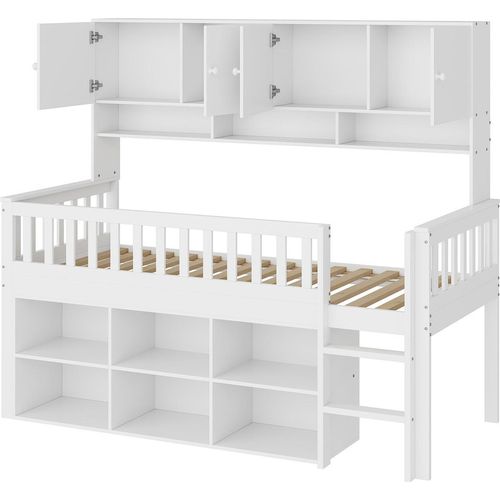 Kinderbett aus Holz 90*200 cm, mit Staufach, mit Schließfächern und Sicherheitsleiter, Einzelbett, Kinderbett, weiß