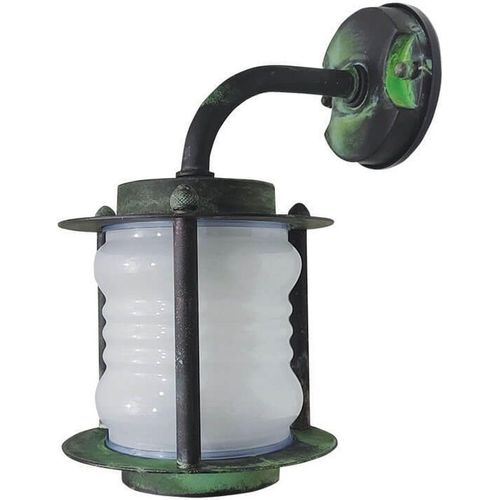 Wandlampe außen Echt-Messing Glas E27 IP23 H: 29 cm Grün Antik Maritim Wandleuchte