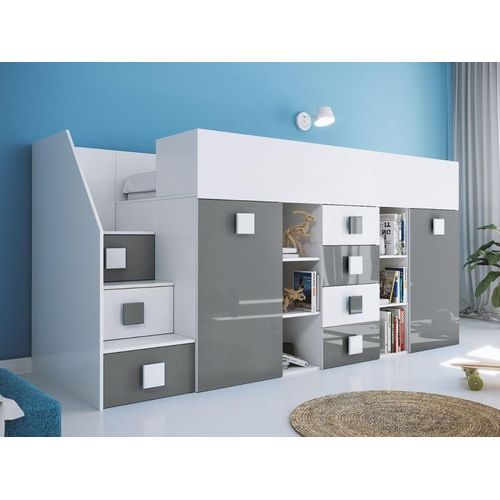 Kinderbett Hochbett T-3L, mit Schreibtisch, Schrank und Schubladen. Farbe Weiß/Grau