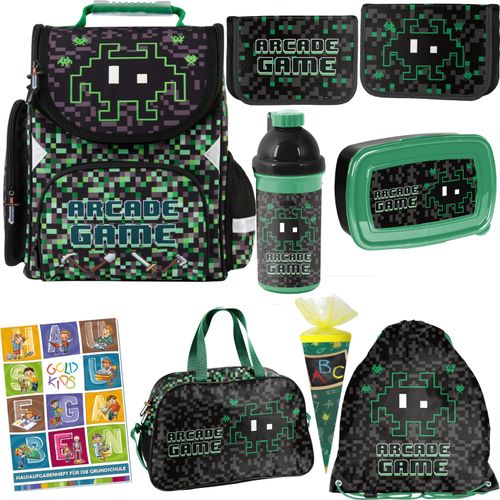 Schulranzen für Jungen und Mädchen, 8er-Set - Schul-Rucksack für Kinder mit Federmäppchen - Schuhbeutel und Hausaufgabenheft - Arcade Game Pixel Motiv