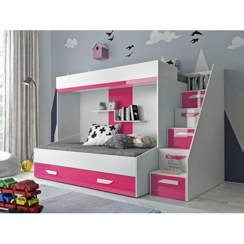 Kinderbett , Etagenbett, Doppelbett P-16. Treppe beidseitig montierbar. Farbe Weiß/Rosa