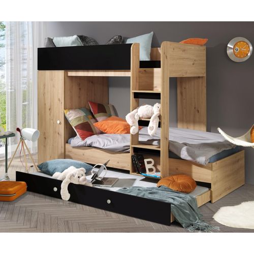 Hochbett SM2 , mit Treppe, Schrank. Auch für 3 Kinder geeignet . Farbe Artisan/Schwarz