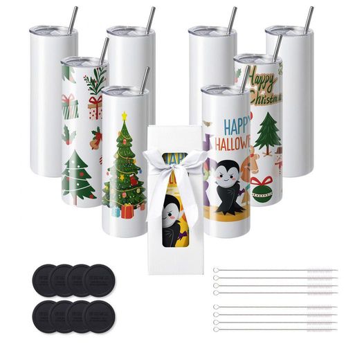 8er-Pack Sublimationsbecher-Glatt, 887 ml, Edelstahl-Doppelwandbecher mit Strohhalm, Deckel, Bürste, Boden, Schrumpffolie, Geschenkbox, für Wärmepresse & Wärmeübertragung.