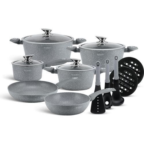 15 tlg. Wunderschönes graues Topfset, 3 Töpfen 2 Pfannen, Kasserolle und Küchengeräte, 1.53L / 2.3L / 2.7L / 2.75L / 4.65L 6.66L
