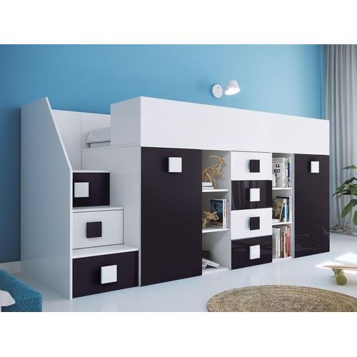 Kinderbett Hochbett T-3L, mit Schreibtisch, Schrank und Schubladen. Farbe Weiß/Schwarz