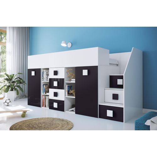 Kinderbett Hochbett T-3P, mit Schreibtisch, Schrank und Schubladen. Farbe Weiß/Schwarz