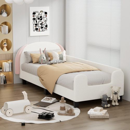 Kinderbett 90x200 cm Kopfteil (Ohne Matratze) Hasenform einfacher Aufbau Kopfteil Höhe nicht verstellbar Kinderbett Lattenrost Sherpa Weiß+Rosa