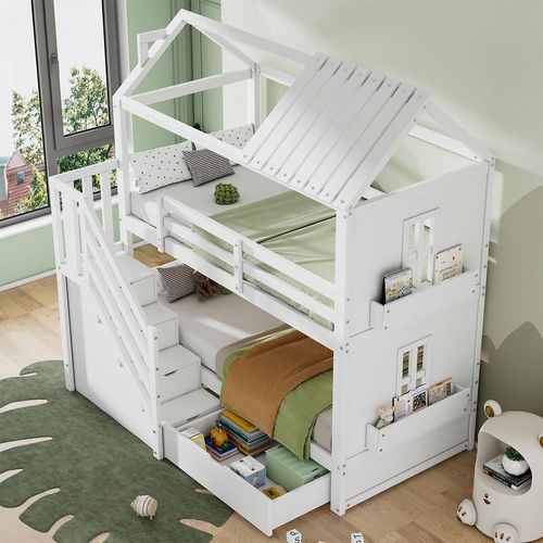 Etagenbett mit Stauraumtreppe Schubladen und Regalen Kinderbett Hausbett Kiefer + MDF Ohne Matratze 90*200cm Weiß