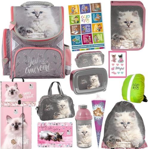 Schulranzen für Jungen und Mädchen, 14er-Set - Schul-Rucksack für Kinder mit Federmäppchen - Schuhbeutel Sporttasche 2 x Sammelmappe Schlampermäppchen