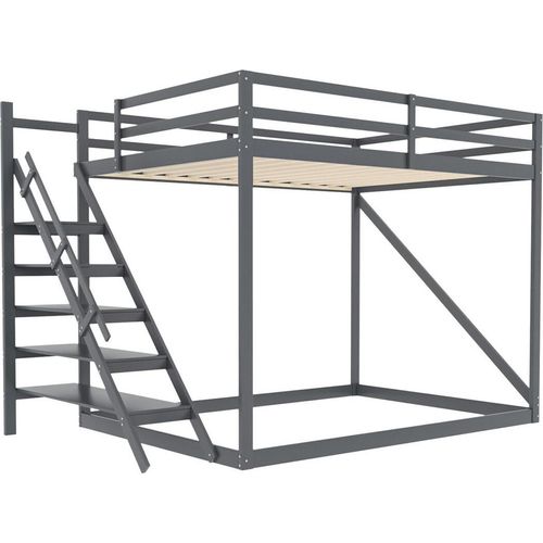 Kinderbett Hochbett(Grau)140x200 mit Sicherheitsleiter, Etagenbett aus Massivholz mit Lattenrost geeignet für Kinder