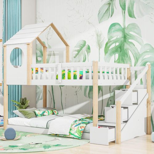 Baumhaus Kinderbett 90x200 cm (Ohne Matratze) Ins und aus dem Bett kommen Doppelbett Kinderbett in Hausform Leiterschrank Kiefernholz Natur Weiß