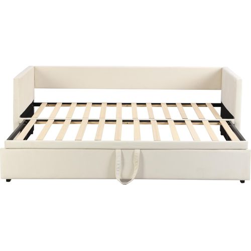 Polsterbett 90/180x200cm SchlafsofaOhne MatratzeMultifunktionsbett Gästebett Tagesbett Ausziehbares mit Lattenrosten Samtstoff Beige