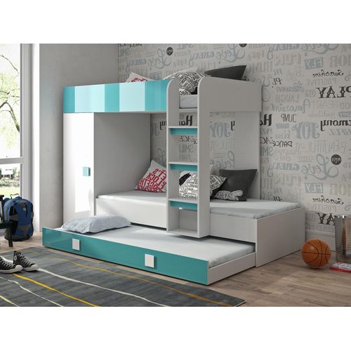 Hochbett T-2, mit Treppe, Schrank. Auch für 3 Kinder geeignet . Farbe Weiß/Türkis
