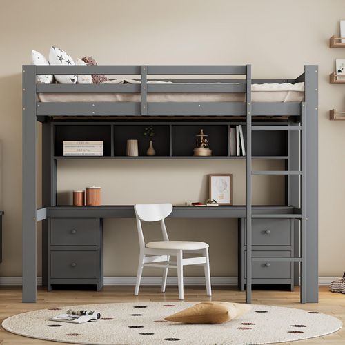 Hochbett Kinderbetten Bett 90x200 cm (Ohne Matratze) oben Tisch unten Großer Stauraum Hohes Geländer Stabile Treppe Grau