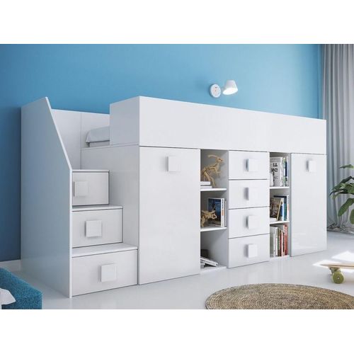 Kinderbett Hochbett T-3L, mit Schreibtisch, Schrank und Schubladen. Farbe Weiß