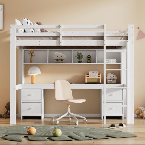Hochbett Kinderbetten Bett 90x200 cm (Ohne Matratze) oben Tisch unten Großer Stauraum Hohes Geländer Stabile Treppe Weiß