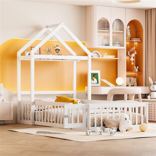 Jugendbett Kinderbett 90 x 200, Kinderbettgestell aus Massivholz mit Stauraum, Vollschutzgitter und Türen und Lattenrost, weiß