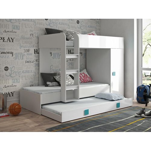 Hochbett T-2G, mit Treppe, Schrank. Auch für 3 Kinder geeignet . Farbe Weiß/Griffe Türkis