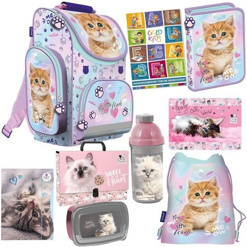Schulranzen für Jungen und Mädchen, 9er-Set - Schul-Rucksack für Kinder mit Federmäppchen - Schuhbeutel Brotdose Trinkflasche Sammelmappe - Katze