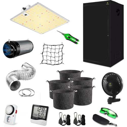 Canna4Home GrowBox Komplettset 60 x 60 x 180 cm schwarz Anbau Set Gewächshaus mit dimmbarer LED Vollspektrum Grow-Lampe, mit Abluftset, Pflanztöpfe