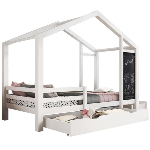 Kinderbett Hausbett 90 x 200 cm, Holzbett mit Tafel und 2 Schubladen, Massivholz mit Zaun und Lattenrost
