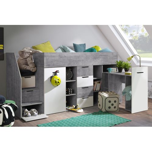 Kinderbett KON3-L, Hochbett mit Schreibtisch, Schrank und Schubladen. Treppe auf der linken Seite. Farbe Beton/Weiß